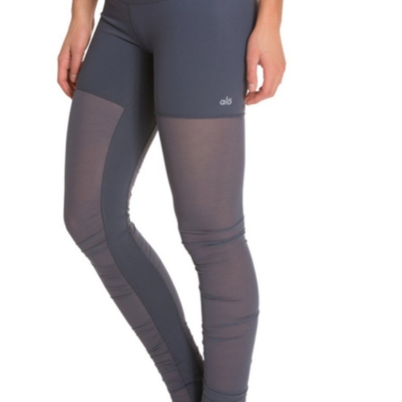 Alo Yoga Womens Mixed Mesh Goddess Leggings Mid Rise Ruched Seaming Gray Small - Picture 3 of 3
